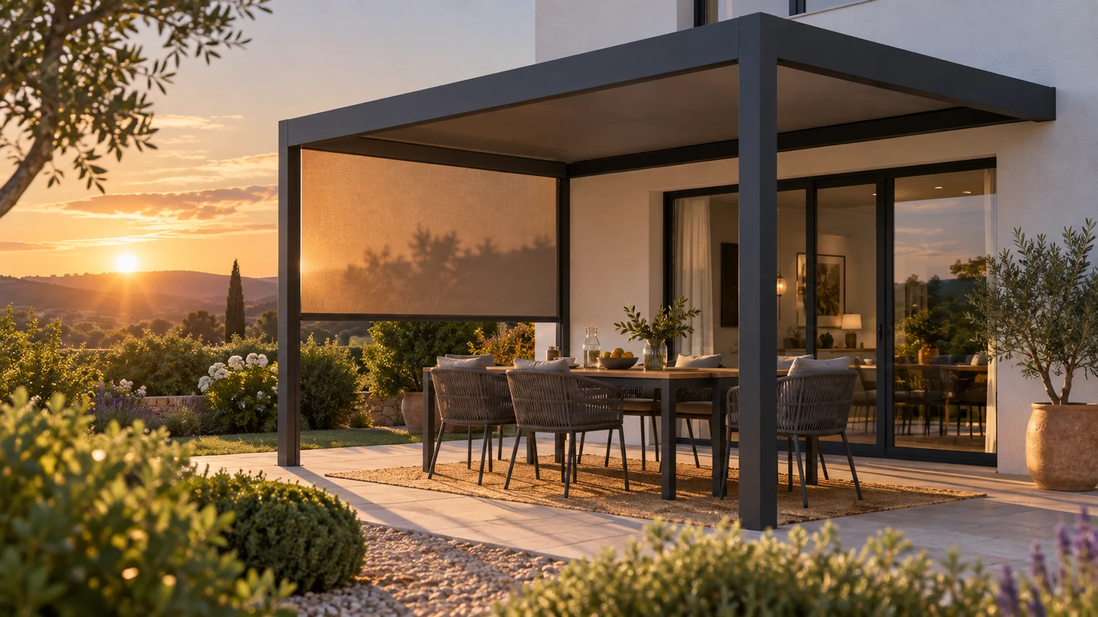Pergola adossée avec store latéral filtrant le soleil bas sur une table de repas