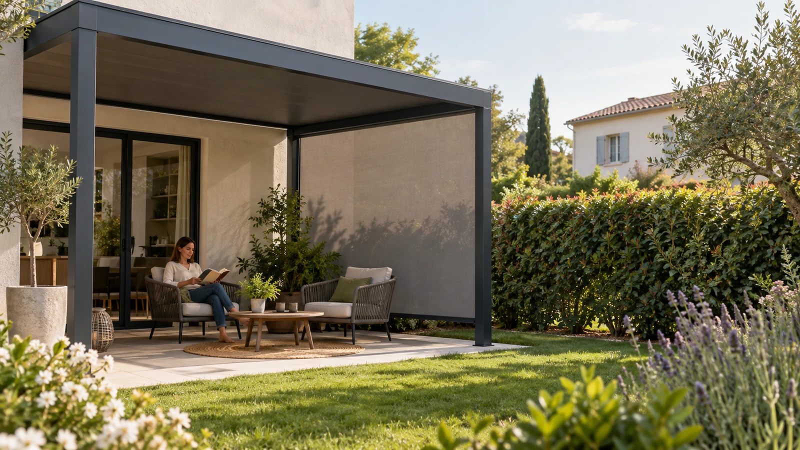 Salon extérieur sous pergola avec store latéral descendu face à une haie et une maison voisine