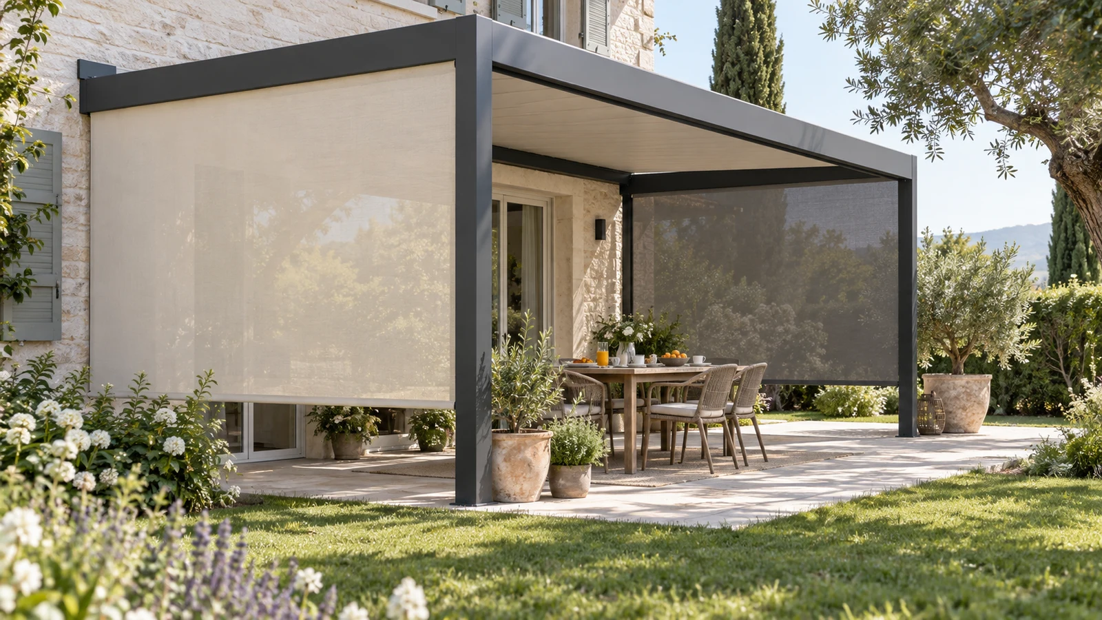 Pergola adossée avec deux stores textiles de teintes différentes filtrant la lumière du jardin