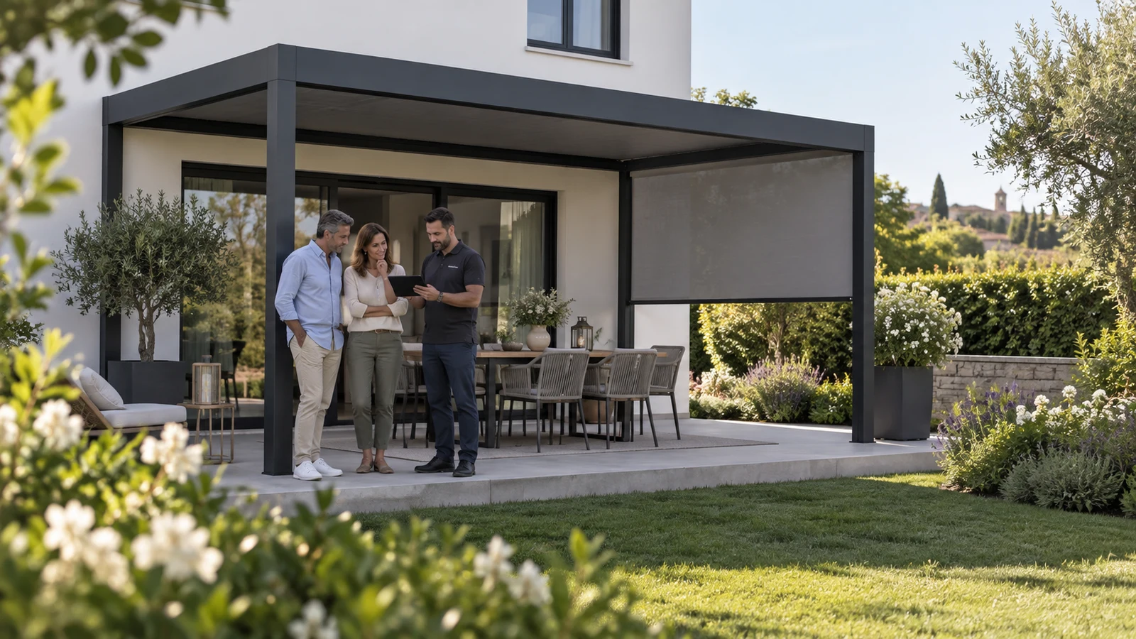 Trois adultes échangent sur une terrasse équipée d’une pergola et d’un store latéral devant un jardin