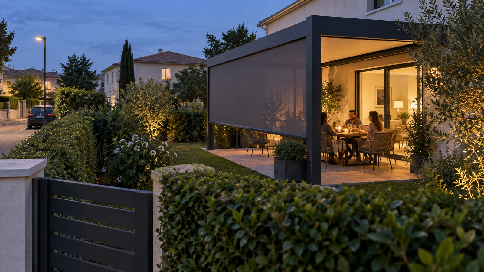 Pergola avec store latéral visible depuis un jardin proche d’une rue résidentielle au début de soirée