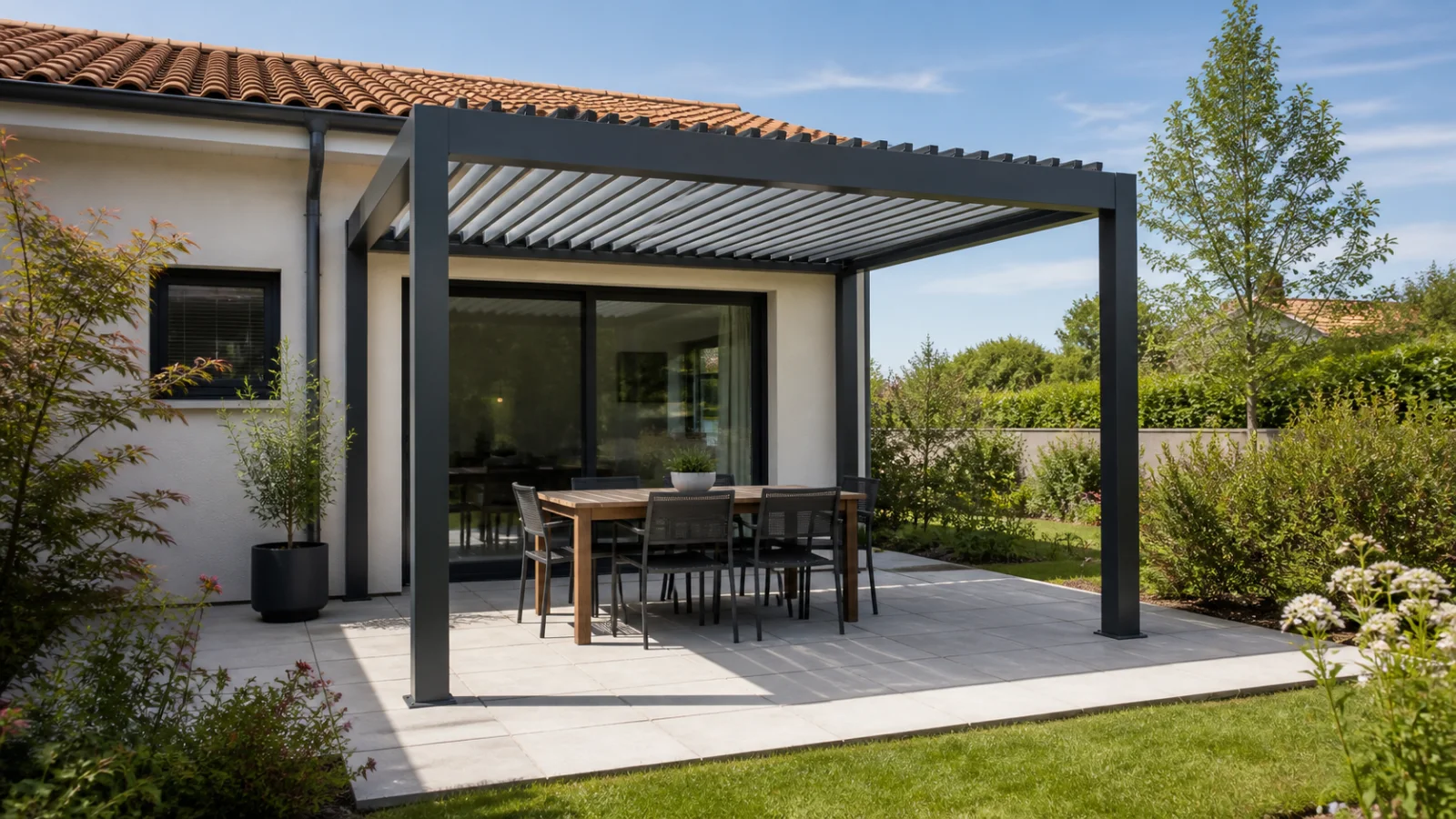 Pergola bioclimatique 4x3 implantée devant une maison avec espace repas