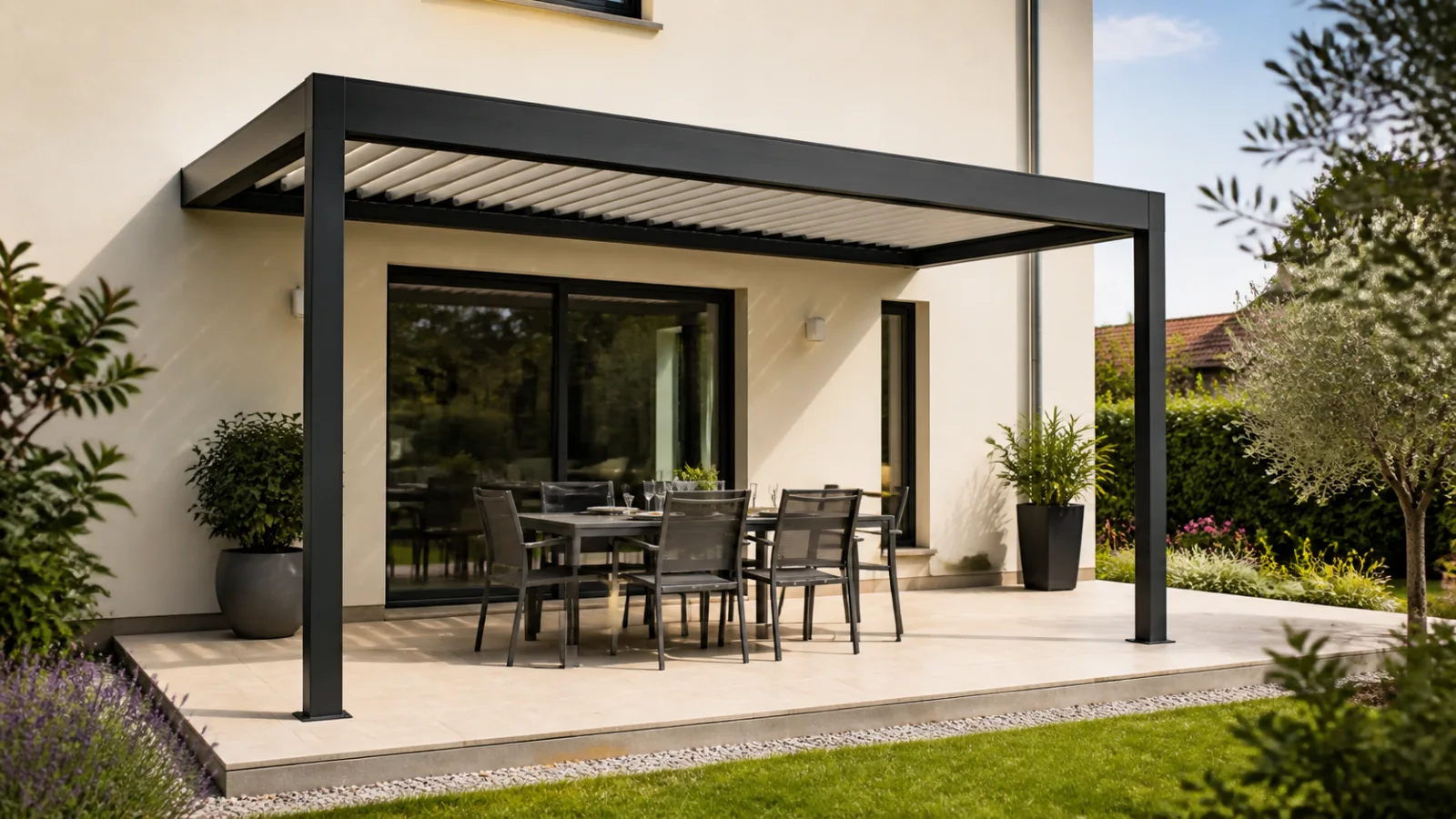 Pergola bioclimatique compacte aménagée pour les repas sur une terrasse française