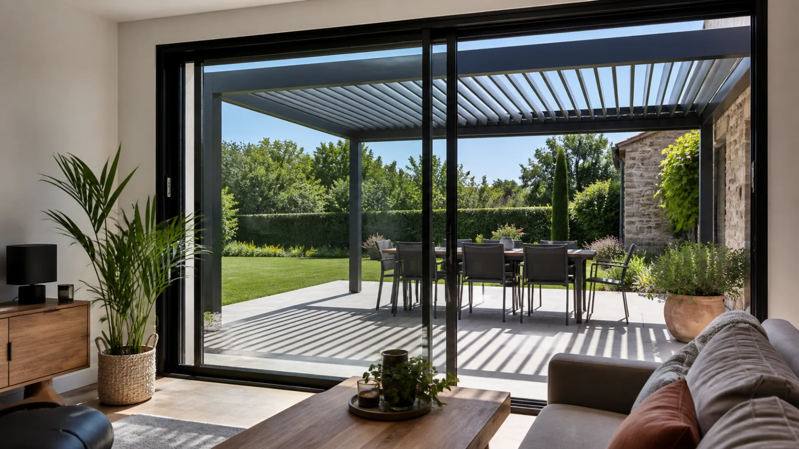 Lumière naturelle entrant dans un salon derrière une pergola à lames orientables