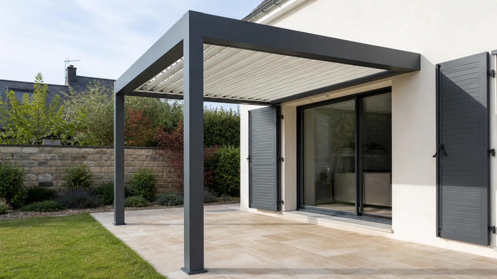 Poteaux de pergola positionnés sans gêner une baie vitrée et ses volets