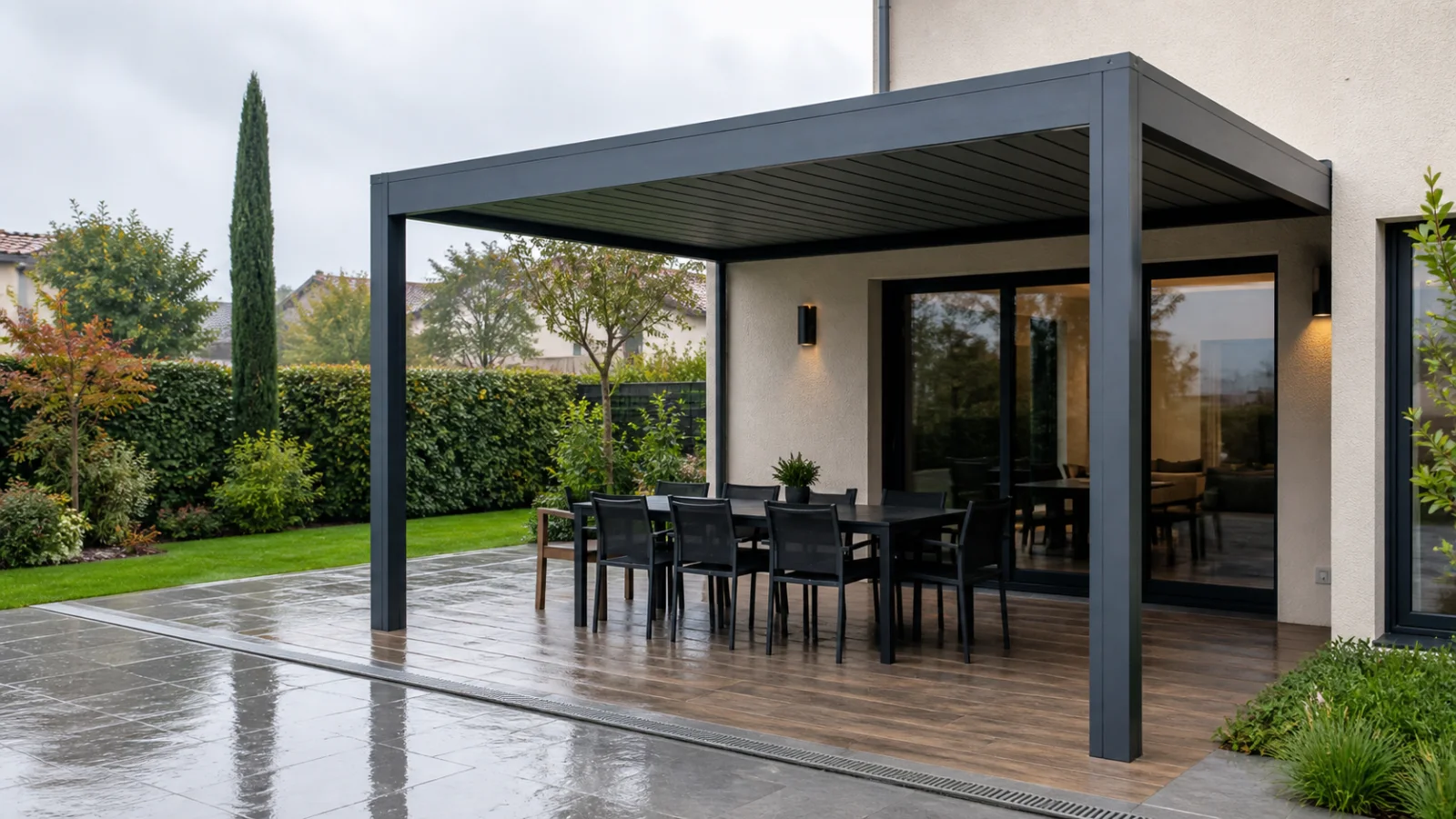 Évacuation de pluie intégrée au poteau d’une pergola bioclimatique