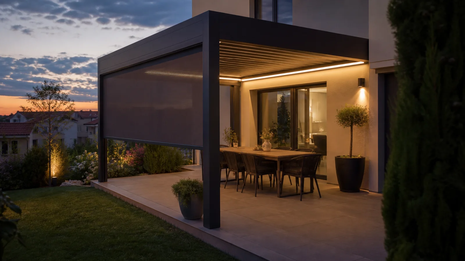 Pergola bioclimatique avec store vertical et éclairage LED en soirée