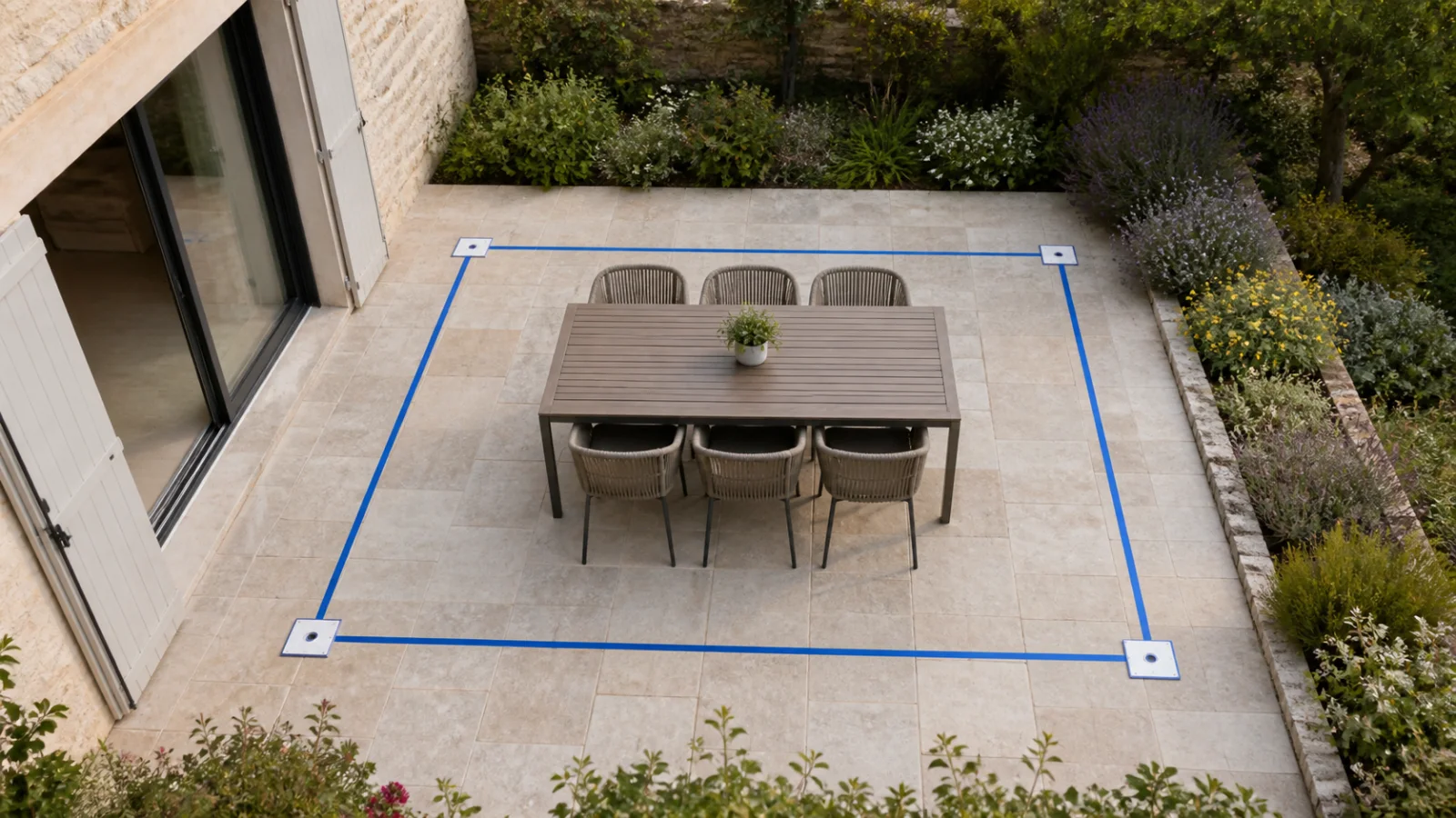 Terrasse mesurée et matérialisée avant la pose d’une pergola 4x3