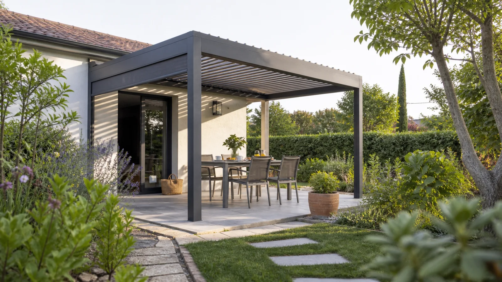 Pergola bioclimatique 4x3 terminée avec coin repas dans un jardin