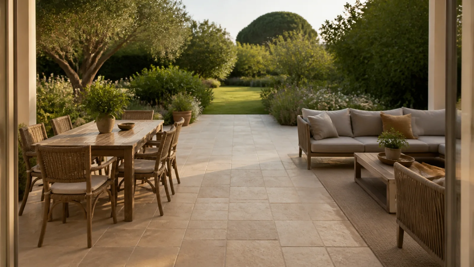 Terrasse familiale organisée en espace repas et salon extérieur distincts