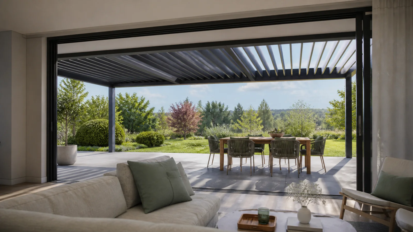 Pergola 6x4 vue depuis un séjour lumineux avec lames partiellement ouvertes
