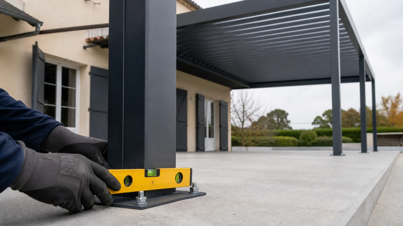 Contrôle du niveau et des ancrages d’un poteau de pergola 6x4