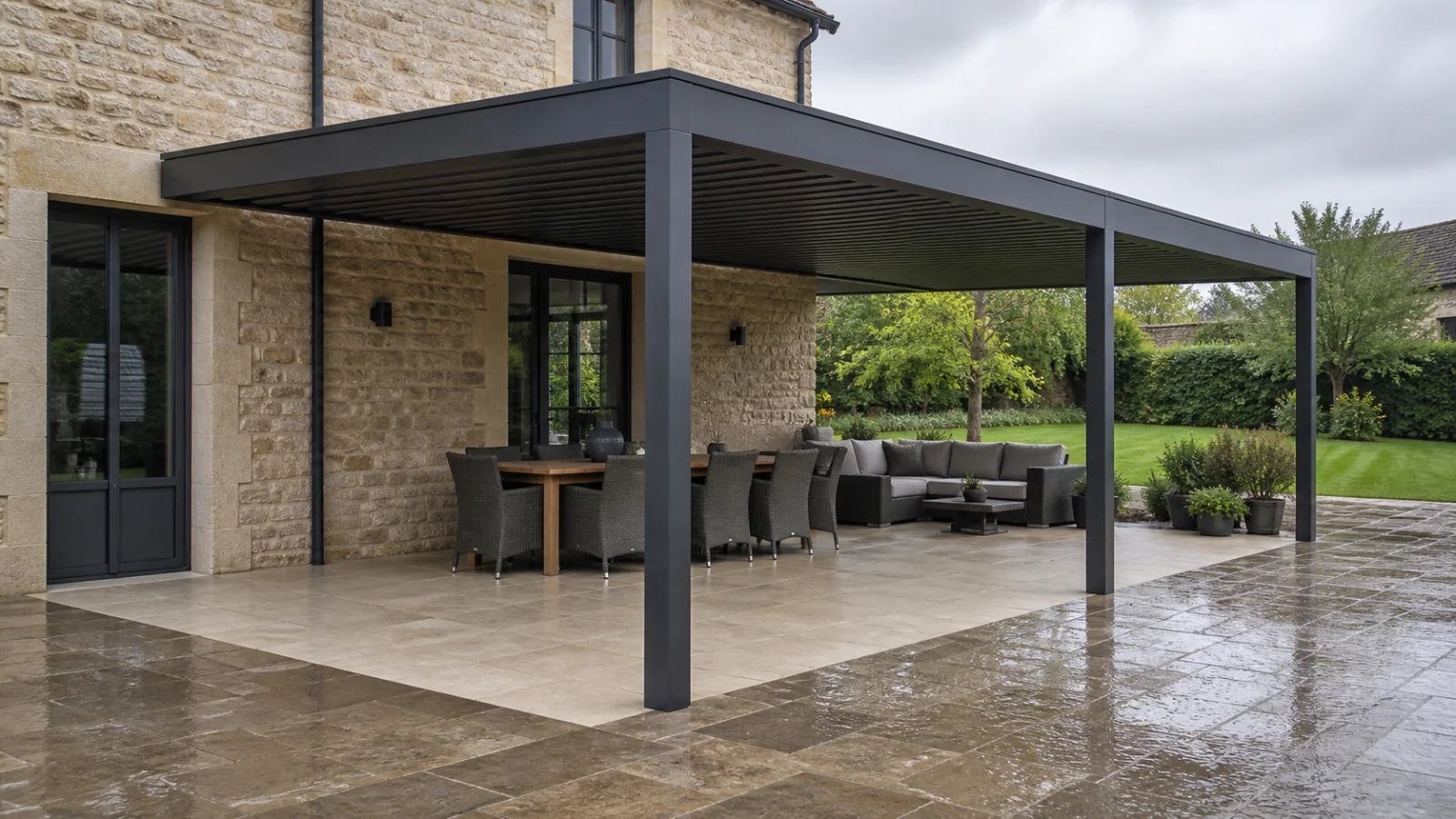 Pergola bioclimatique 6x4 protégeant une terrasse pendant la pluie