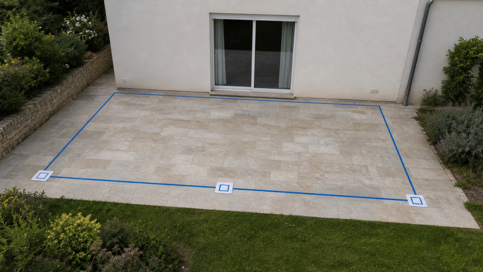Emprise d’une pergola 6x4 matérialisée avec trois futurs appuis alignés