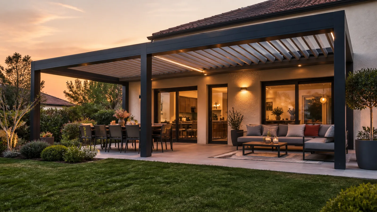 Pergola bioclimatique 6x4 aménagée en deux espaces au coucher du soleil
