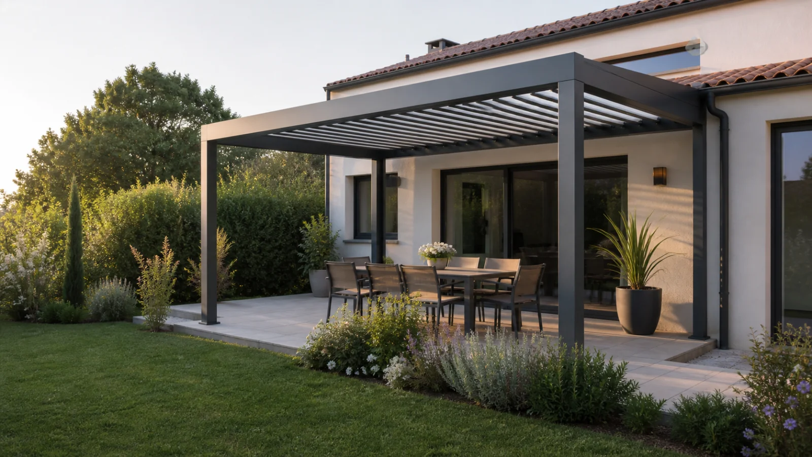 Pergola bioclimatique en aluminium anthracite avec lames orientables