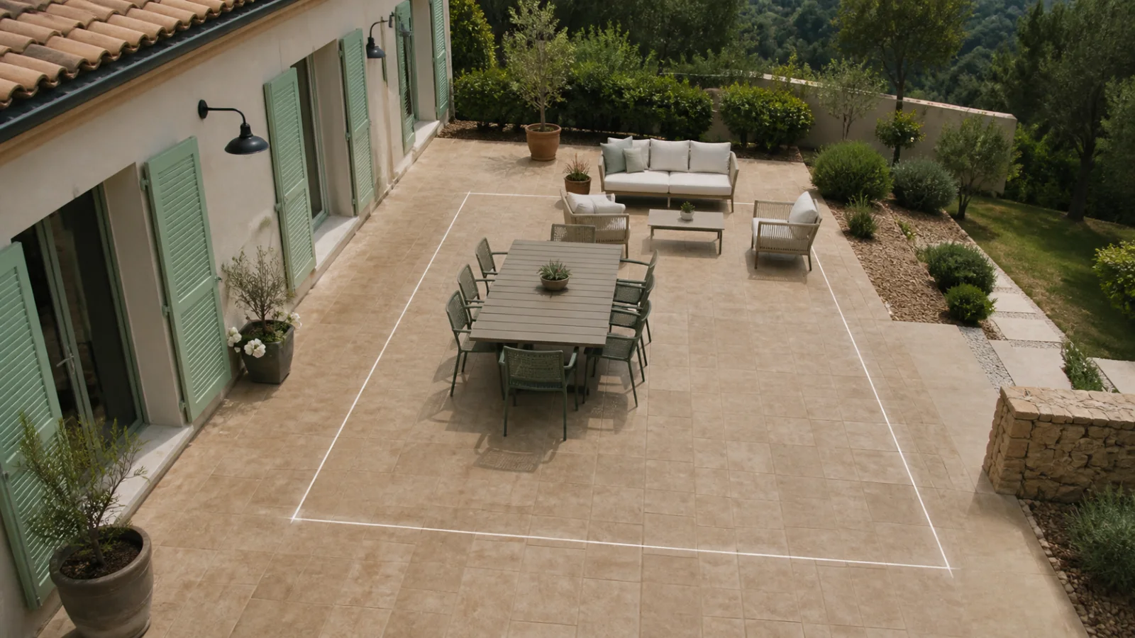 Dimensions d’une future pergola matérialisées autour du mobilier de terrasse