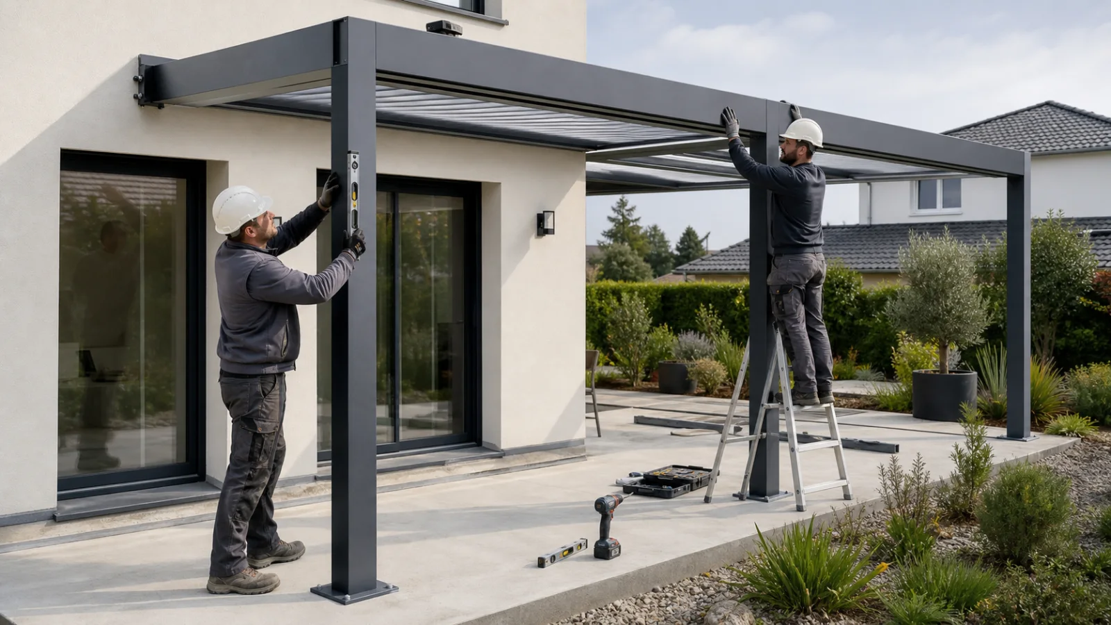 Installateurs professionnels alignant la structure d’une pergola bioclimatique