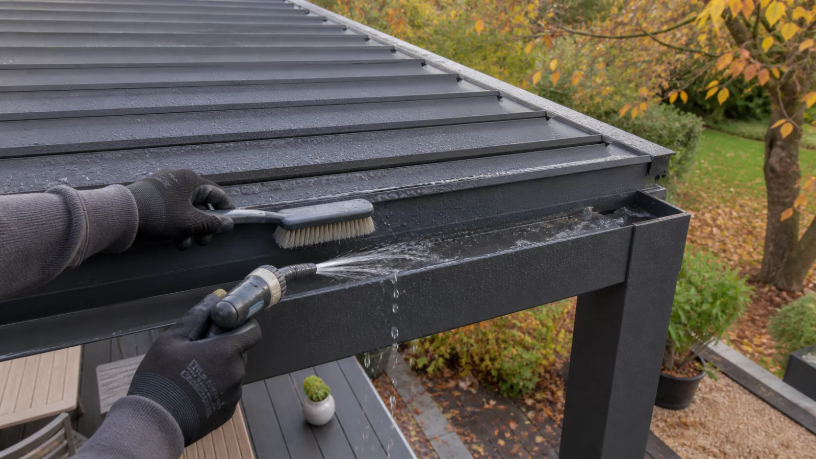 Nettoyage doux des lames et de la gouttière d’une pergola bioclimatique