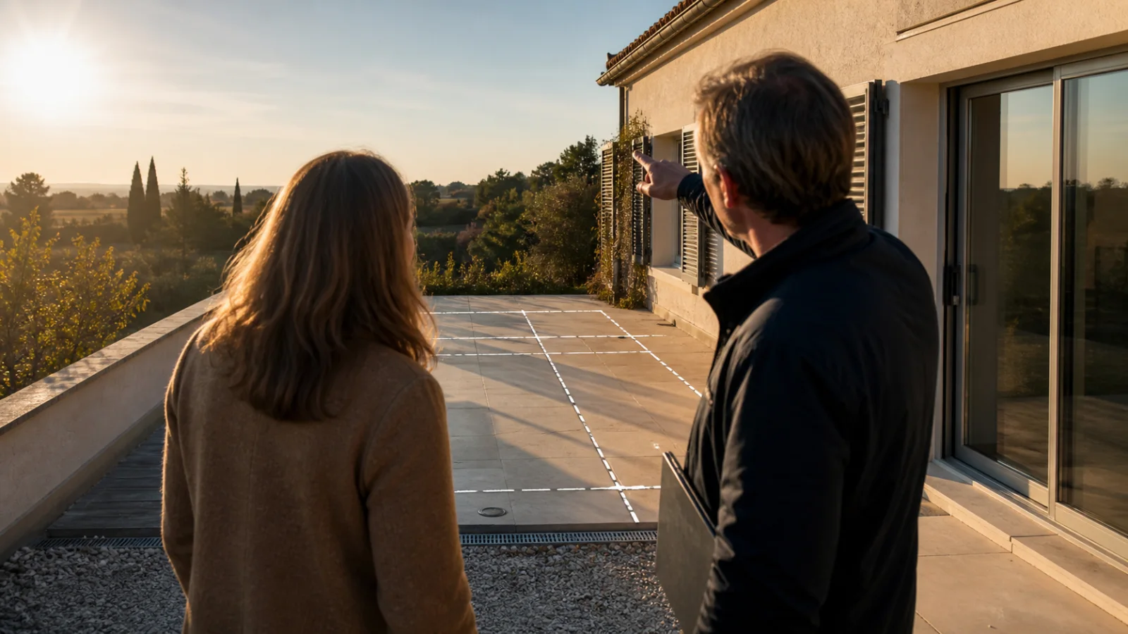 Conseiller et propriétaire étudiant l’exposition d’une terrasse avant le choix d’une pergola