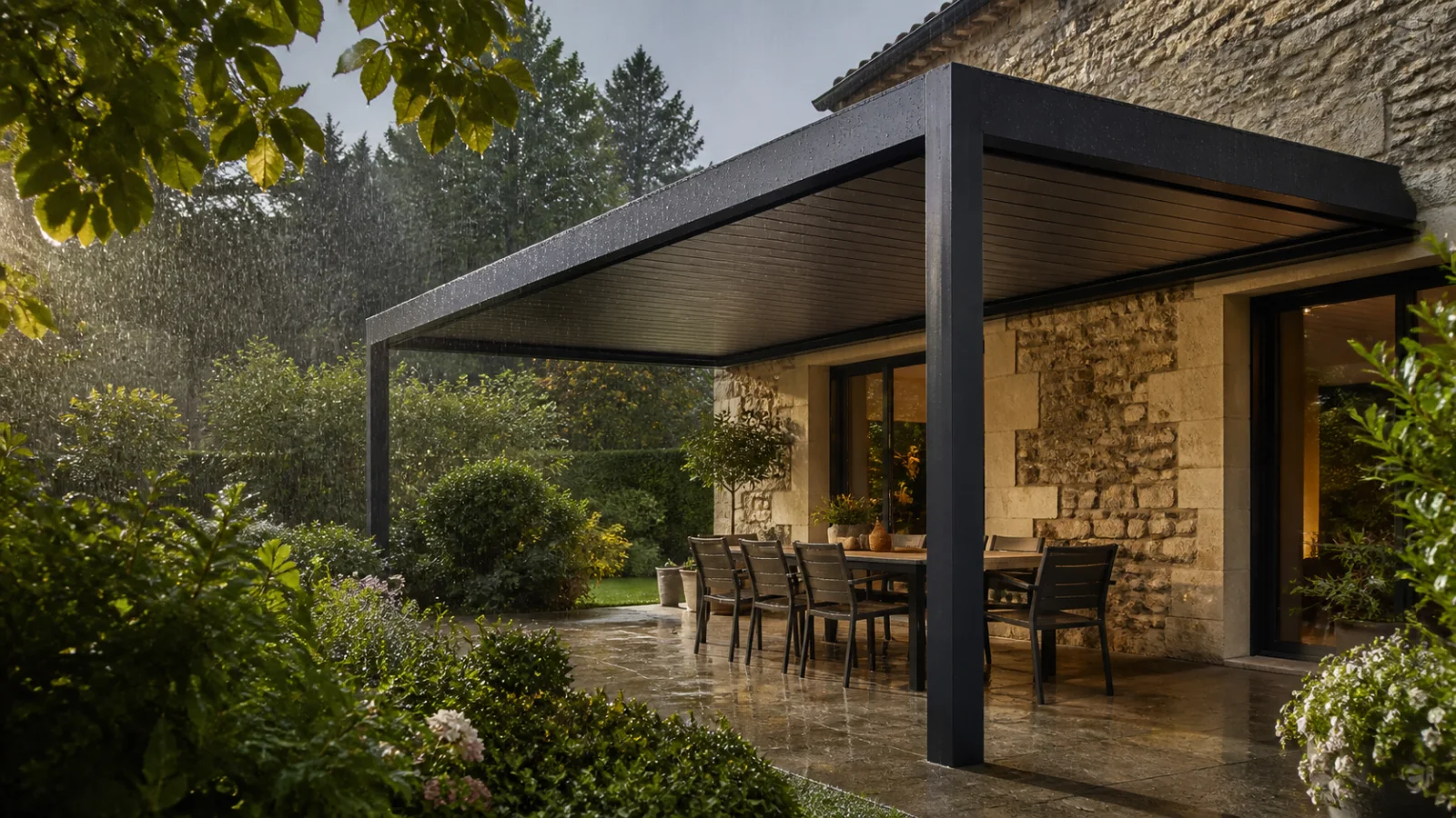 Pergola bioclimatique protégeant un espace repas pendant une pluie d’été